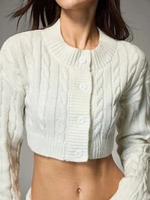 SHEIN 女士休闲纯色短款开衫和针织裤两件套，秋冬 - 白色 - 查看 7