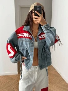 StreetHx Women's Casual Fashion Street Letter Graphic Patchwork Zipper Pocket Dropped Shoulder Loose Denim Jacket, Spring/Autumn - Blue - View 3