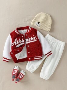 SHEIN Playful Pals Baby Boy Street Cool Letter Graphic Teddy Fleece Jacket And White Fleece Jogger Pants Casual Outfit - Multicolor - View 3