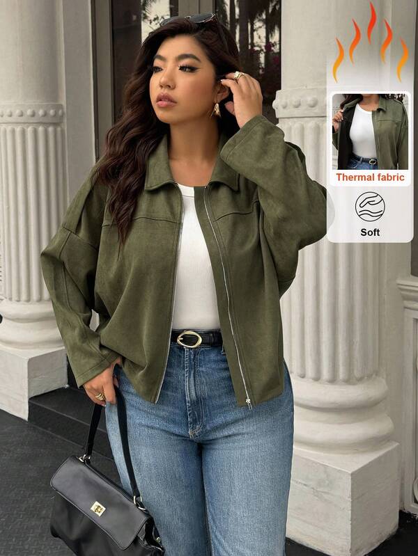 Easura Plus Size Casual Loose Solid Color Green Jacket, Spring/Autumn Fall Winter Cloth For Women