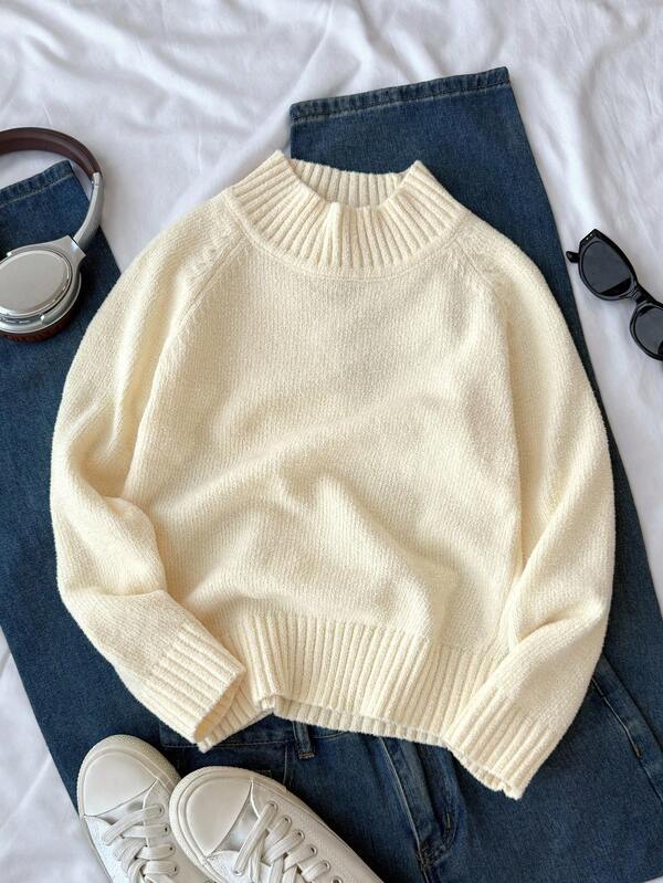 SHEIN Girls' Oversized Stand Collar Sweater, All-Match Blue, Soft Fabric, Versatile, Essential For Autumn/Winter Knit Sweater Sweater For Tweens