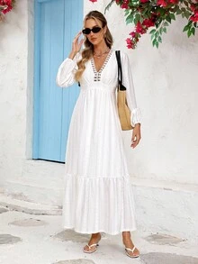 Vivid Eden ,Fall/Winter Women's Outings For Holiday Date Evening Dress, Fall/Winter Outings For Leisure And Vacation V-Neck Embroidered Lace Casual Texture Fabrics Women's White Long-Sleeve Dress, Holiday Shopping Dress, School Outfit, Very Simple Attire, Women's Country Clothing, Office Attire, Old Money Attire, Teacher Attire, Date Attire, Autumn Women's Clothing, Casual Dress, Fall/Winter Dress, Halloween Dress, Christmas Dress White Eyelet Dress - White - View 7