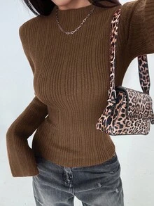 SHEIN Unity 女式纯色立领喇叭袖罗纹修身毛衣 - 巧克力棕 - 查看 7