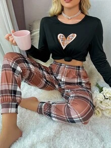 Plaid & Heart Print PJ Set / Pajama Set, Fall Winter Clothes Cozy And Elegant Details