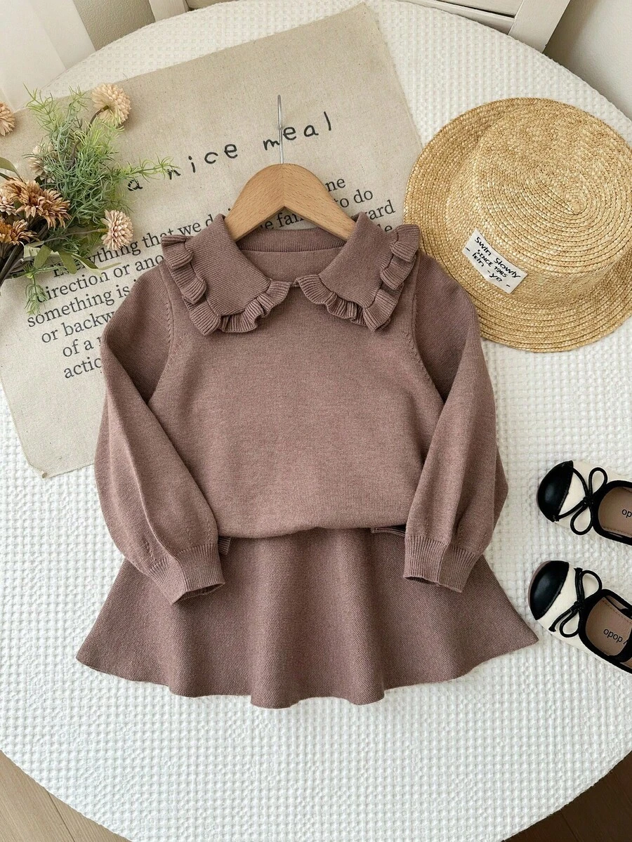 SHEIN Young Girl Solid Color Peter Pan Collar Long Sleeve Sweater And Knitted Mini Skirt Cute Set, Autumn/Winter - Brown - View 1