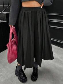 Easura Quần culottes xếp ly cạp cao kiểu vintage mới năm 2025, quần ống rộng dáng suông 3/4 giúp tôn dáng. - màu đen - Xem 6