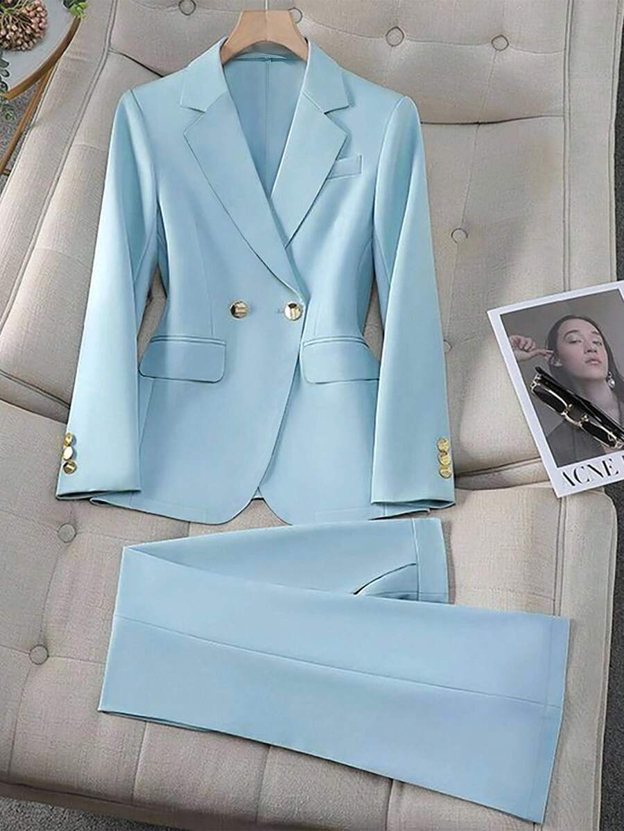 Rafferiza Áo khoác blazer nữ cổ tròn màu xanh vàng trơn cài nút + quần có túi, đa năng cho mùa thu/đông