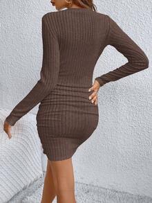 SHEIN Frenchy Solid V Neck Grain Fabric Skirt Bodycon Dress,Dresses For Women Elegant Winter Party Brown Evening Dress Spring - Brown - View 2