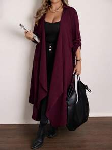 Vionelle Plus Size Casual Waterfall Collar Long Jacket Fall Women Clotheswomen Long Cardiganlong Cardigans Ladies Asymmetrical Hem Long Coat Asymmetrical Jacket Plus Size Burgundy Asymmetrical Long Jacket Women Long Cardigan - Red Violet - View 4