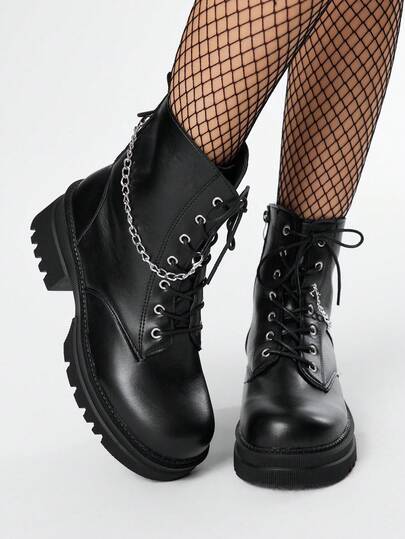 Grunge Punk Women's Dark Punk Goth Lace-Up Bat Motorcycle Boots, Platform Thick Sole Riding Boots, Knee-High Leather Boots With Metal Chain, Ankle Boots And Short Boots