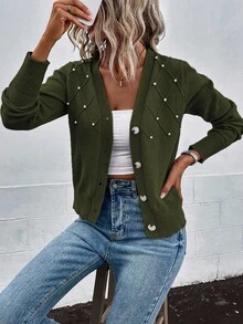 SHEIN LUNE Cárdigan casual de manga larga con adornos de perlas, otoño/invierno - Verde militar - Ver 6