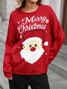 SHEIN LUNE 女士休闲圣诞图案亲子毛衣套头衫，可爱圣诞毛衣，红色圣诞毛衣，丑陋圣诞毛衣，母女圣诞毛衣，女士圣诞毛衣，圣诞节 - 彩色 - 查看 7