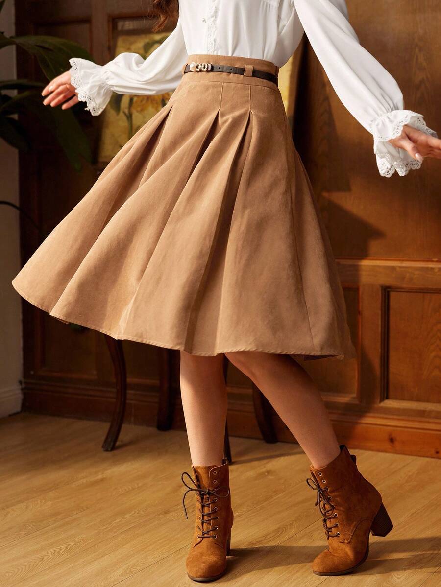 Vintamour 复古优雅的女士褶皱 A 字裙，配腰带，棕色，适合工作或休闲场合，返校服装秋装秋装教师服装冬季女士复古服装卡其色裙子返校节裙子短款栗色 - 卡其色 - 查看 1