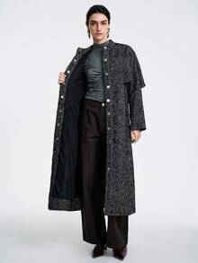 SHEIN LUNE 女士休闲长袖收腰高领人字纹长款大衣，适合外穿 - 黑與白 - 查看 8