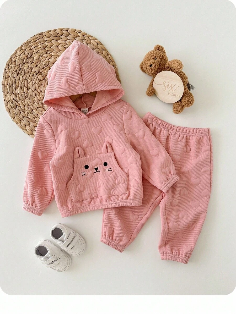 Babygirl Cute Casual Pink Heart & Cartoon Pattern Hoodie Set, Autumn/Winter - Pink - View 1