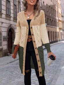 EMERY ROSE Women's Autumn Contrast Color Long Sleeve Single-Breasted Casual Knit Cardigan