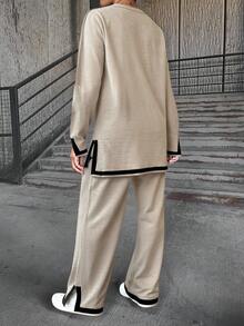 EURMUSE 2 Piece Striped Crew Neck Cozy Sweater Set - Beige - View 5