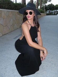 MDEdit 低腰抽绳飘逸长裙海滩罩衫度假春夏优雅性感伊比沙岛适合春夏波西米亚风黑色 - 黑色 - 查看 3