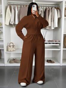 Slaydiva 秋冬新品，女士秋冬服装，万圣节，大码女士家居服套装，棕色两件套，高个两件套，保守款两件套，长袖两件套，棕色长袖套装 - 棕色 - 查看 9