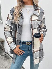 EMERY ROSE Women's Plaid Single-Breasted Casual Fleece Jacket, Autumn/Winter - Grey - View 6