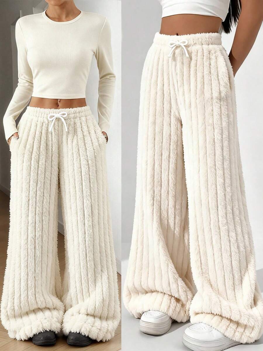 SHEIN Białe, teksturowane, dwustronne, grube legginsy dla nastolatek, z podszewką z polaru, uniwersalne do noszenia w domu, na jesień/zimę