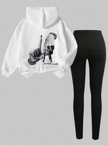 SHEIN Girlism 少女时尚街头风印花白色保暖连帽衫和打底裤套装，白色卫衣搭配黑色打底裤，黑白配色，适合秋冬季节、休闲穿着、日常及户外活动 - 黑與白 - 查看 3