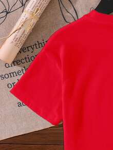 女童红色圆领T恤 圣诞字母雪花可爱小鹿印花 圣诞元素圣诞鹿 时尚休闲舒适T恤 - 紅色 - 查看 4