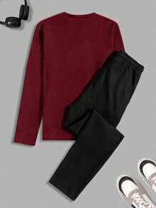 SHEIN Cottnline Men Waffle Fabric Patched Long Sleeve Regular T-Shirt Set - Burgundy - View 2