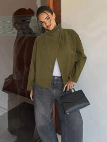 Siren Gaze 女式纯色双排扣长袖休闲大衣，秋冬 - 軍綠色 - 查看 3