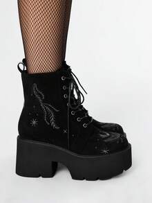 ROMWE Grunge Punk Women's Punk Style Thick Sole Lace-Up Ankle Boots, Gothic Vintage Embroidery Pattern Wedge Heel Side Zipper Ankle Boots For Party And Combat For Christmas - Black - View 3