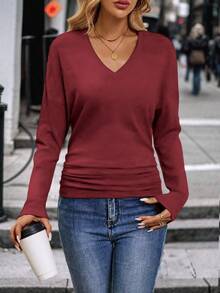 EMERY ROSE 女式纯色V领长袖褶皱休闲T恤 - 紅色 - 查看 5