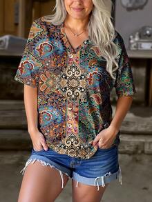 EMERY ROSE Versatile Vacation Style Floral Retro Print Round Neck Chest Pocket Plus Size T-Shirt, Casual Minimalist Suitable For Summer - Multicolor - View 1