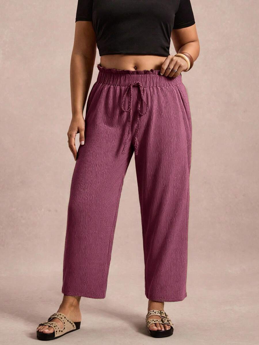 SHEIN VCAY 大码纯色打结高腰休闲裤 - 酒紅色 - 查看 1