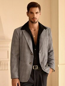 HIMLAND 男士休闲格子中式领西装外套，适合秋冬 - 棕色 - 查看 6