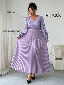 Elenzga Plus Size Polka Dot Print Patchwork Solid Color V-Neck Long Lantern Sleeve Gathered Cuff Pleated Hem Elegant Maxi Dress For Outdoor, Commute, Party, Date Fall Cloth For Women