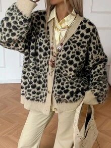 DAZY 女式豹纹长袖单排扣休闲针织开衫，秋季 - 卡其色 - 查看 6