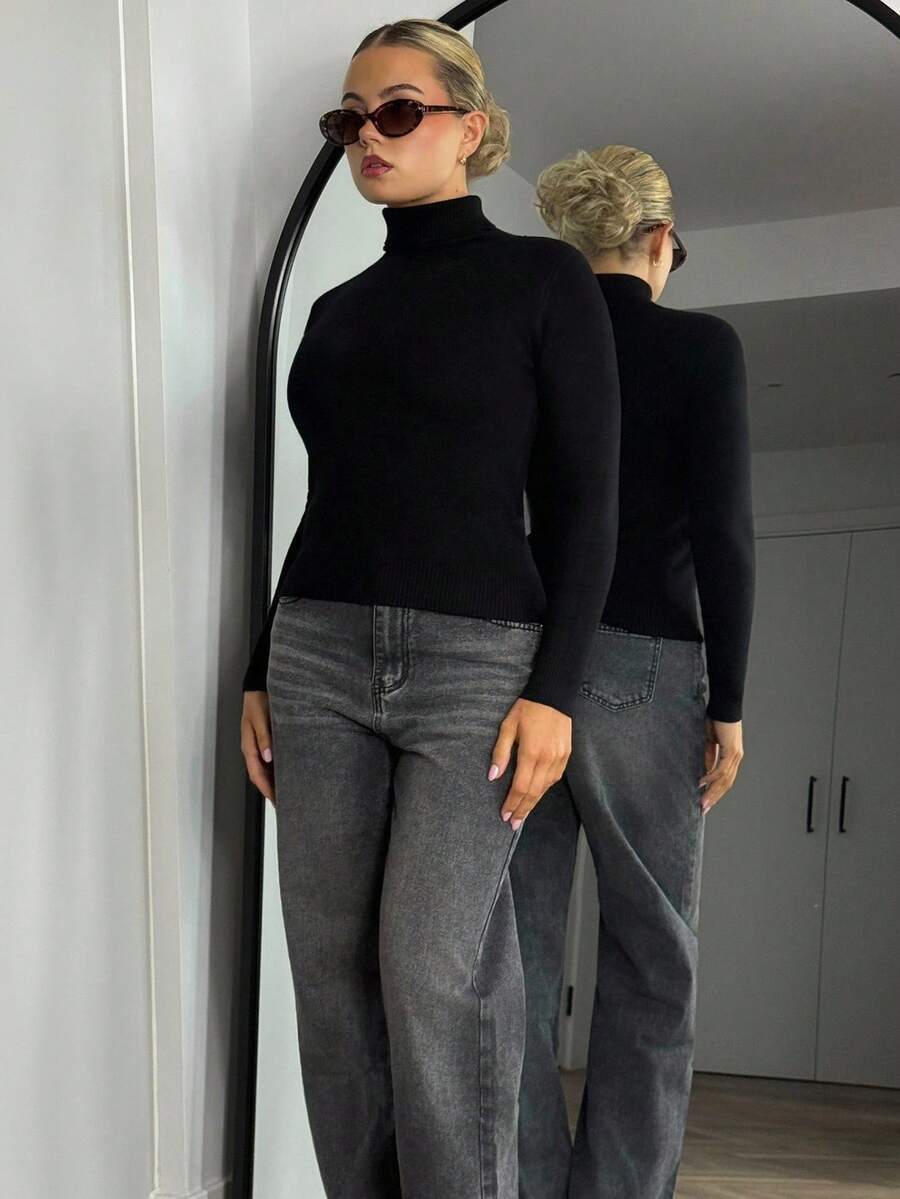 Bethéva High Neck Thermal Lined Slim Fit Long Sleeve Sweater, Warm Thermal Innerwear For Autumn/Winter Knit Pullover Fall Outfit - Black - View 1