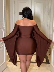 NU&NOW 大码露肩长袖性感时尚连衣裙 - 棕色 - 查看 3