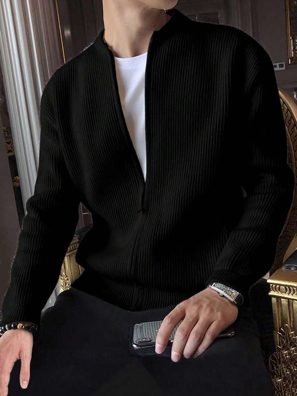 Manfinity Mode Elegante cárdigan de punto negro para hombre de manga larga y cuello en V de longitud regular para uso diario, otoño/invierno