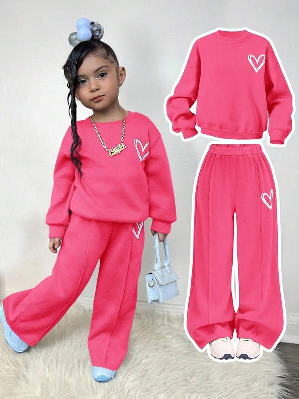 Young Girl Casual Heart Print Knit Solid Color Loose Drop Shoulder Long Sleeve Sweatshirt And Wide Leg Sweatpants Set Sweats For Girls Young Girls Girl 2 Piece Sets