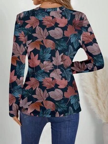 EMERY ROSE 女士休闲印花V领长袖T恤，适合初秋外出穿着，V领上衣，女士秋季上衣，七分袖上衣，休闲款 - 彩色 - 查看 2