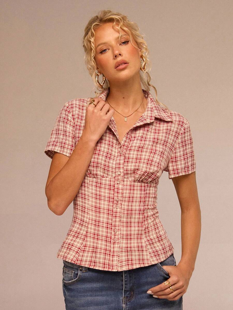 SHEIN Forever 21 Áo sơ mi kẻ caro cổ điển phong cách mùa hè thu thường ngày đi chơi công sở dạo phố những năm 2000 cho nữ - Đỏ - Xem 1