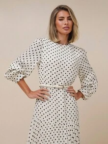COSMINA Women's Elegant Polka Dot Cinched Waist Pleated Waist Long Dress, Suitable For Commuting And Gatherings In Early Autumn - Apricot - View 7