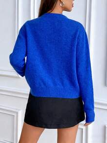 SHEIN Suéter de punto de cuello redondo de manga larga y unicolor de estilo casual - azul real - View 2