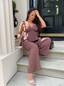 NegzBox Brown Woven Linen Tank Top & Pants Set - Brown - View 3