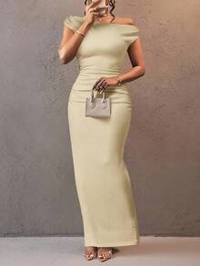 Slaydiva 2025 春夏新品，适合生日派对、返校、校园风格、日常穿着、休闲装、度假装、邮轮旅行、海滩装、日光浴装、网络流行装、街头装、优雅装、通勤装、商务休闲装、性感装、单肩装、修身装、纹理竖条纹面料、绿色、女式夏季超长连衣裙 - 杏色 - 查看 9