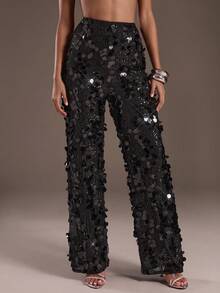 Glamine Spodnie z wysokim stanem i szerokimi, czarnymi nogawkami i cekinami na imprezę świąteczną, kostiumy dla dorosłych, eleganckie stroje dla kobiet, spodnie z szerokimi nogawkami na randkę, eleganckie spodnie damskie z cekinami