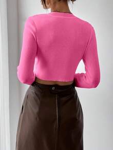 Rafferiza Women's Solid Color Round Neck Long Sleeve Cropped Fitted Pullover Sweater, Autumn - Hot Pink - View 2