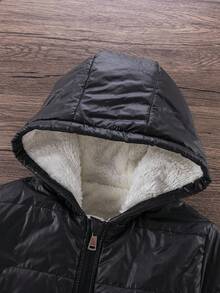 女童冬季黑色保暖加厚羽绒服，带拉链帽，字母贴片，经典休闲羽绒服 - 黑色 - 查看 6