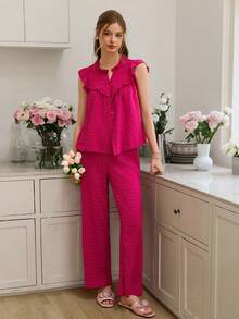 Women's Polka Dot Jacquard Frill Trim V-Neck Cardigan & Long Pants Pajama Set
